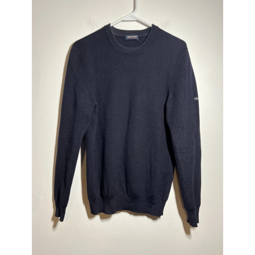 Saint James Men EUC Navy Blue 100% Wool Ribbed Crew Neck Pullover Sweater M/L